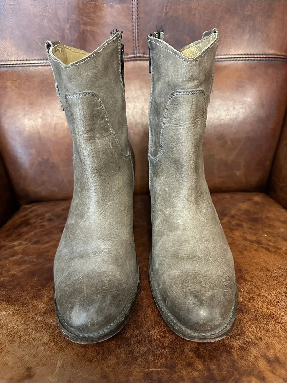 Frye Taupe Leather Ankle Booties with Side Zip
